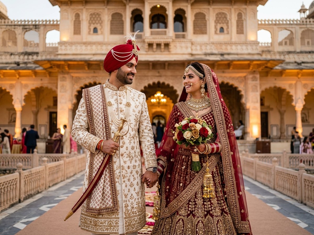 Royal Rajasthani Bride and Groom standing at sandstone palace